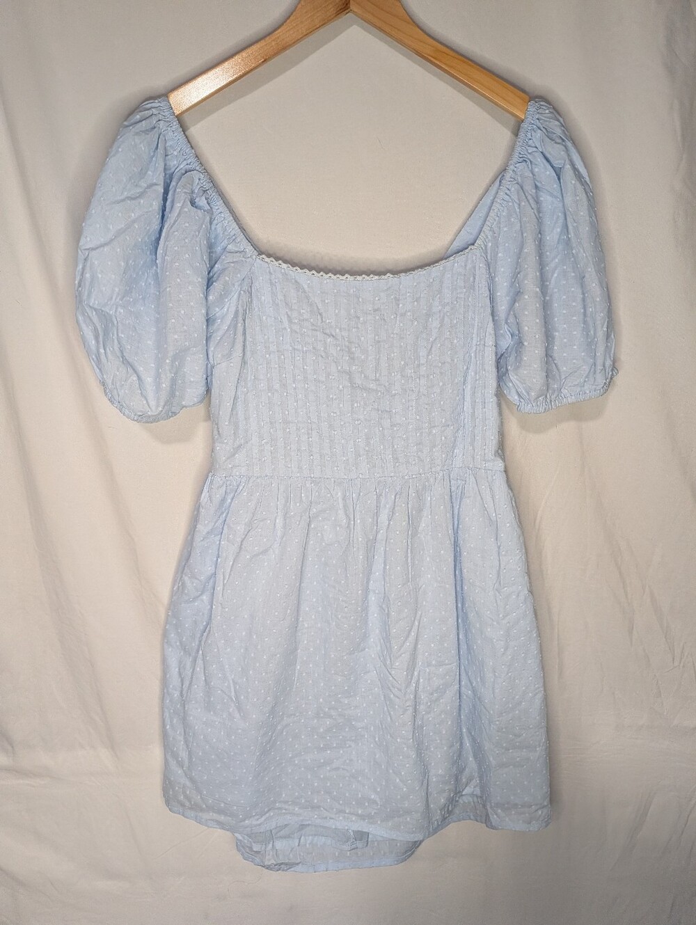 ASOS DESIGN Cotton Dobby Mini Dress Light Blue Puff Sleeve Pintuck Size 12